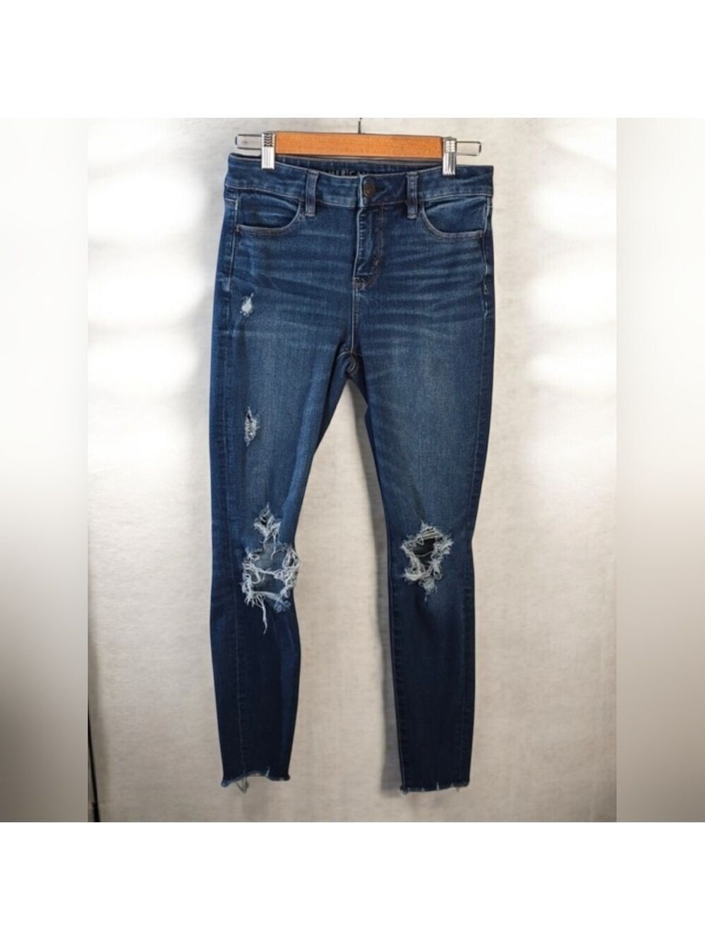 American Eagle Jeans Women's Sz 4 Blue The Dream Jean Frayed-hem Hi-rise Jegging